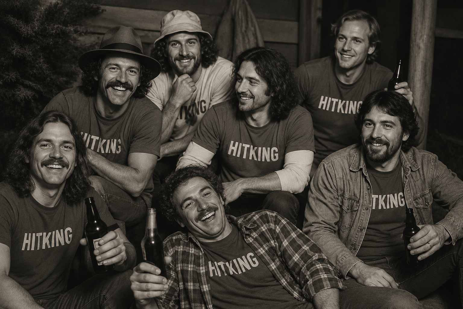 A Hit King team night — friends in Hit King shirts celebrating with beers